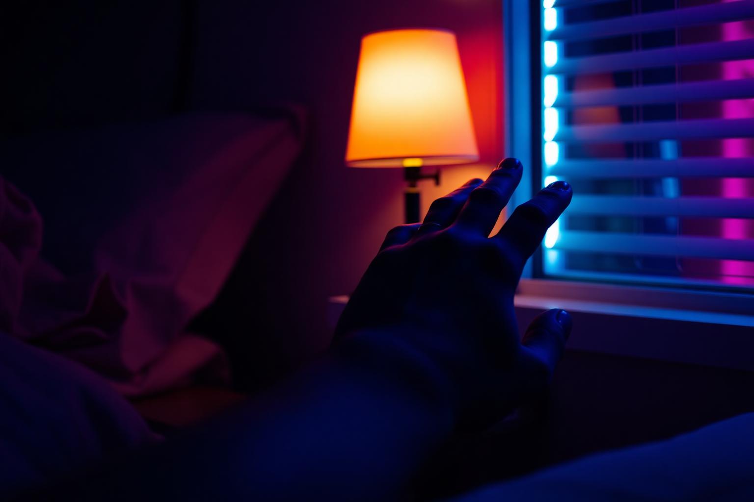 A hand reaching for a phone on a nightstand, neon glow through the blinds